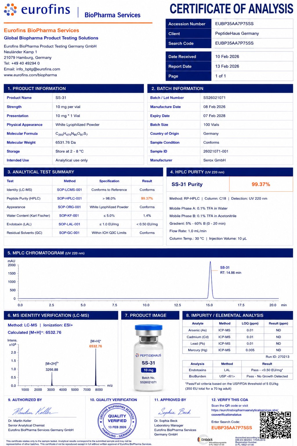 SS-31 10mg certificate document