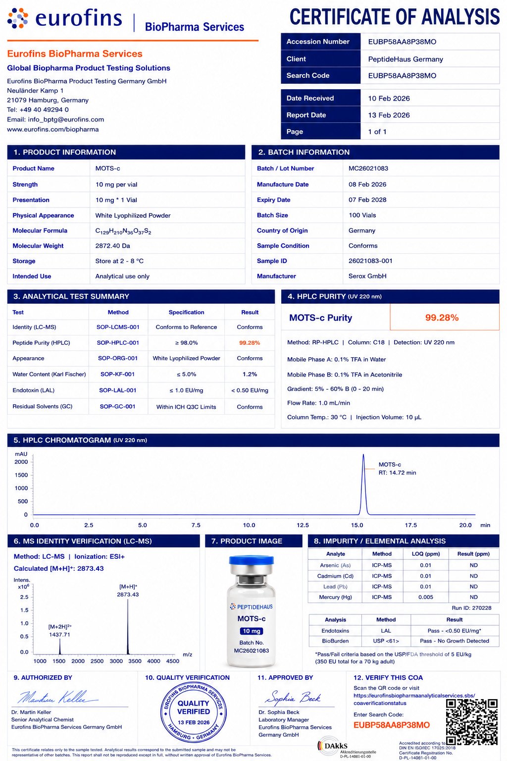MOTS-c 10mg certificate document